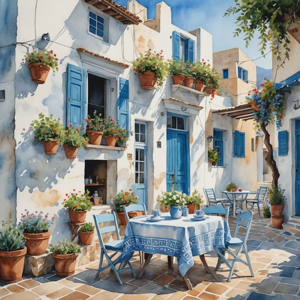 Picturesque Greek Island Cafe in Watercolor Style