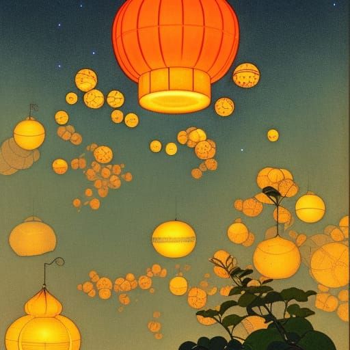 wild fireflies forest 1920s japan lanterns Maxfield Parrish