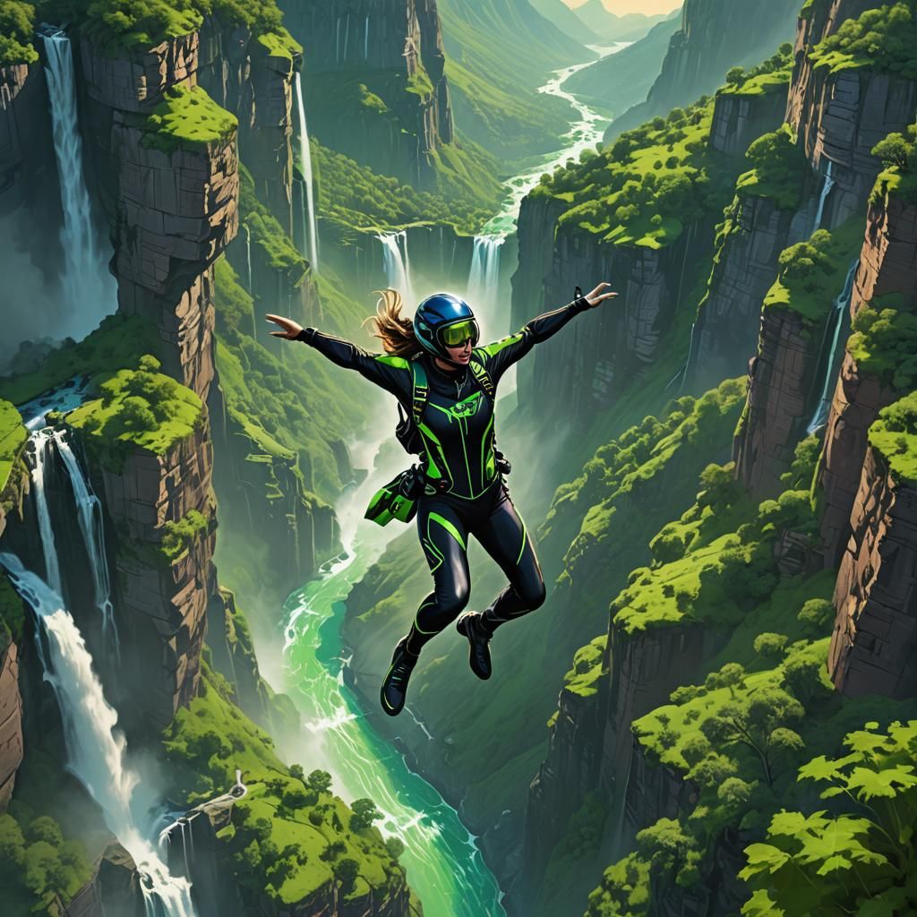Skydiver Soaring Over Canyon in Comic Book Style