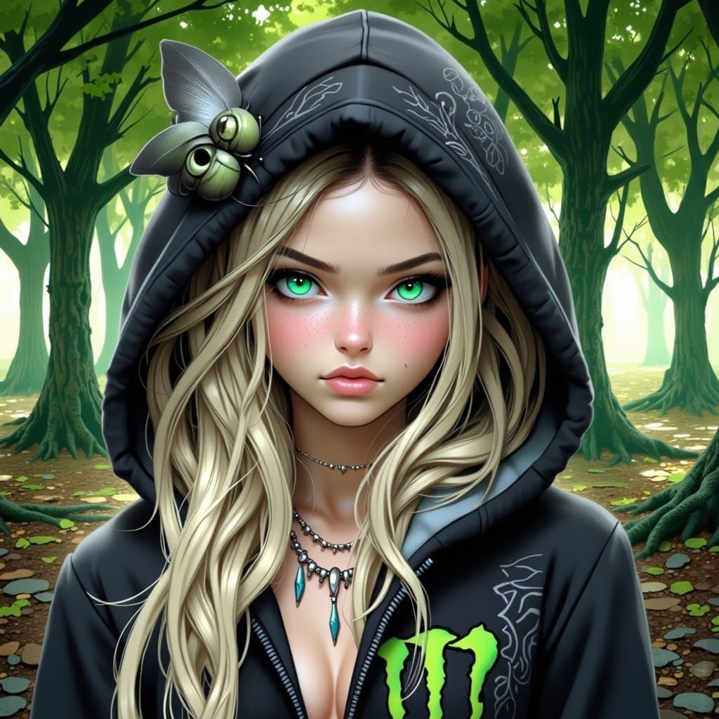 a girl with porcelain skin, flowing, blonde hair, wearing elegant attire, showcases graceful curves, and piercing green eyes. She sports a s...