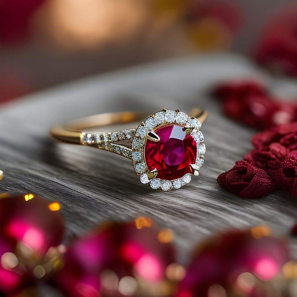 Photograph of a ring with a huge ruby, including red roses, laying on a wooden table, reflective surface, beautiful, spa...