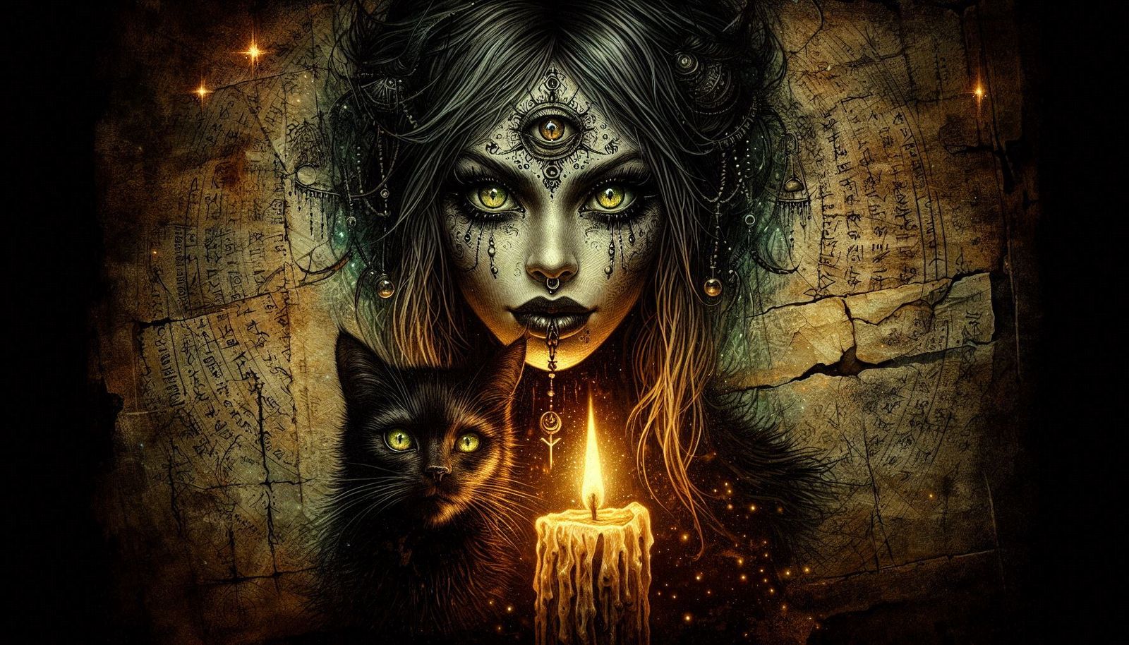Dark fantasy portrait. Woman punk witch pagan with multi lay...