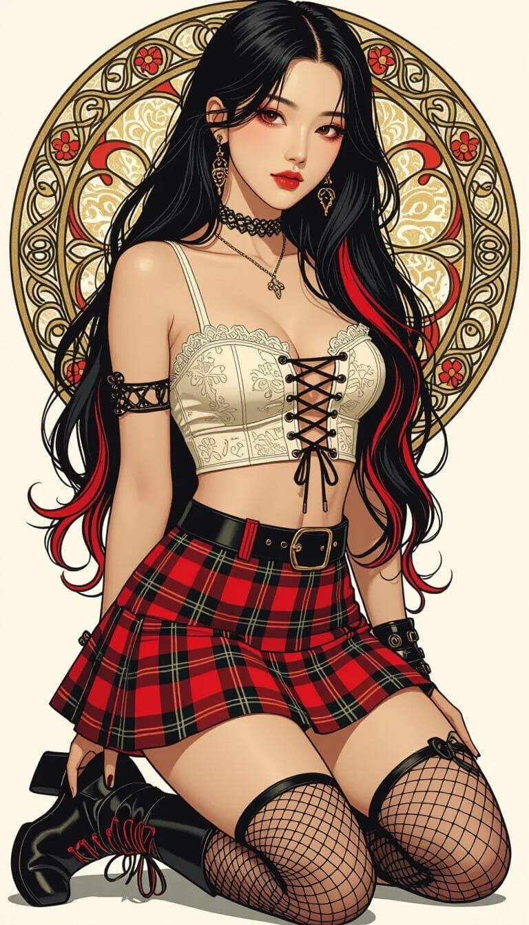 Korean Woman in Art Nouveau Style with Vibrant Colors