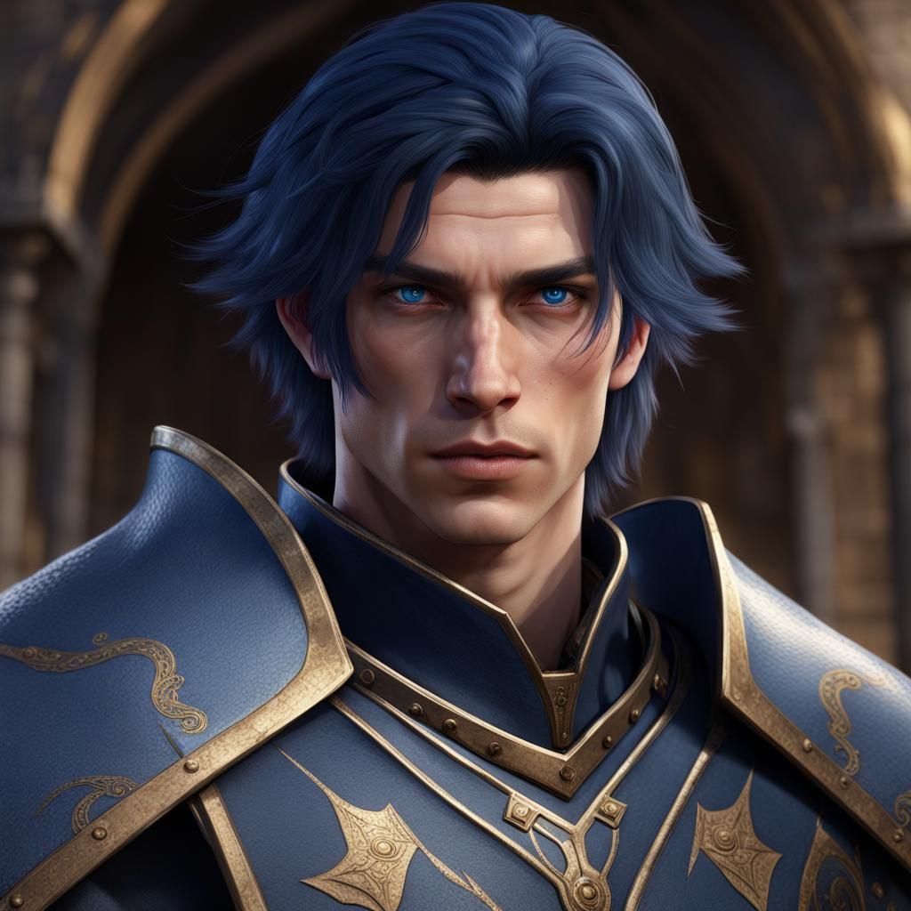 A young man of the paladin class, dark blue hair, blue eyes,...