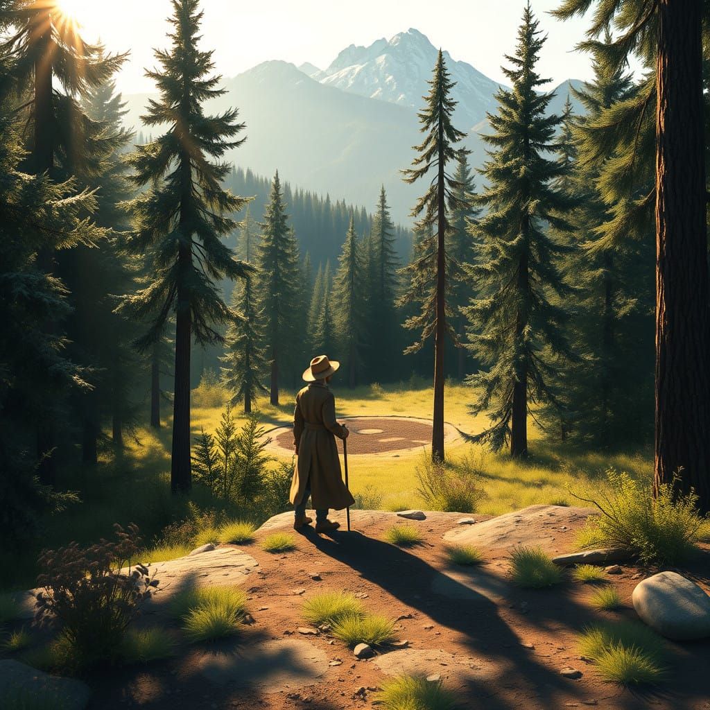 Serene Forest Scene with Distant Mountains
