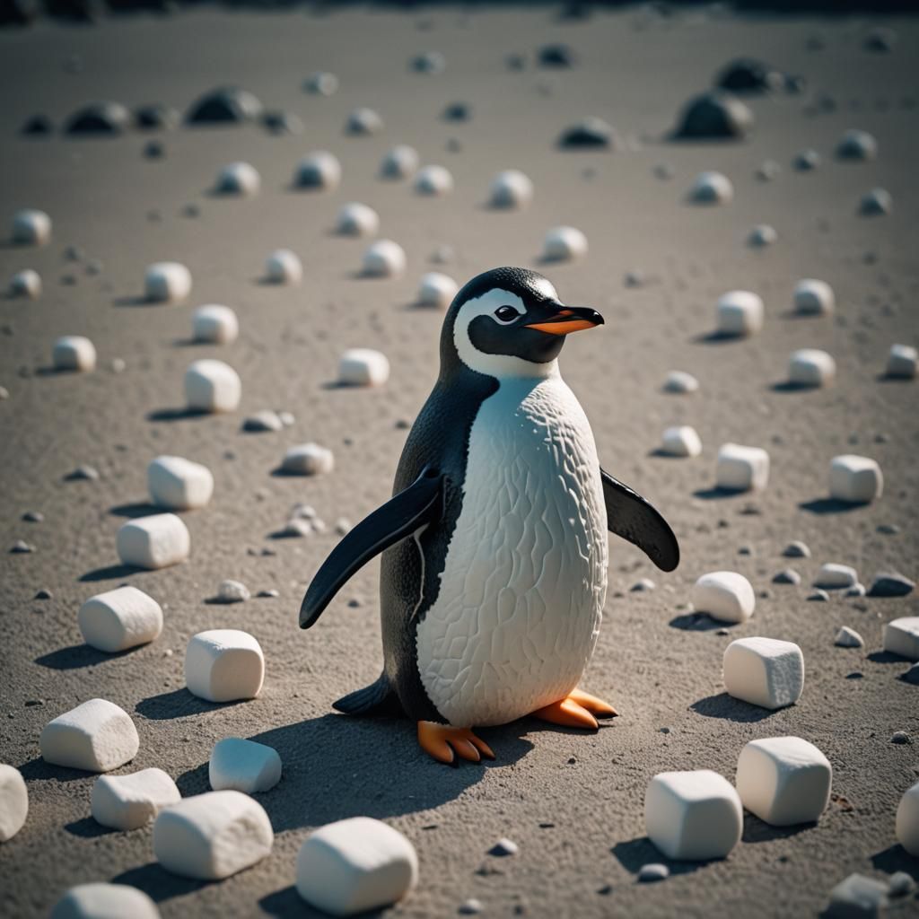 A penguin marshmallow figure.
