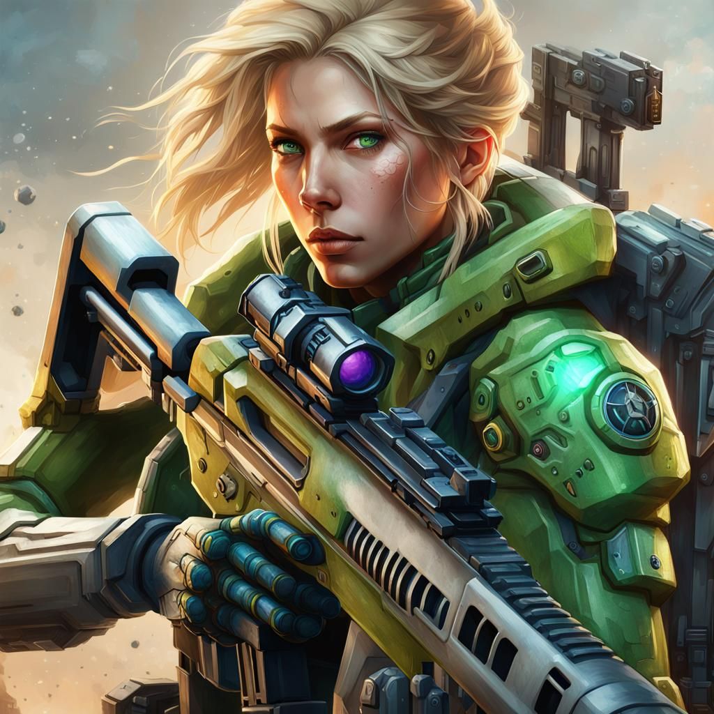 Starcraft, female marine with a sniper rifle, blonde-haired,...