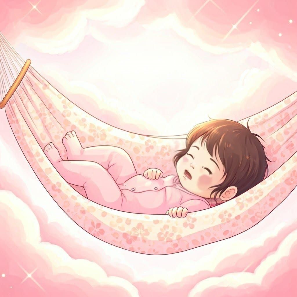 A Baby Girl in a Hammock Amidst Pink Foggy Clouds in Anime S...