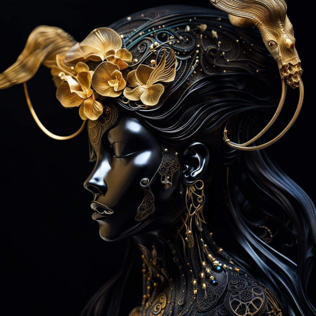 sculpture made of gold and black charcoal and dichroic glass...