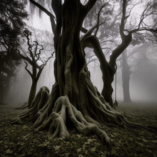 Gnarled trees, dense fog, and twisted shadows create an eerie ambiance. false