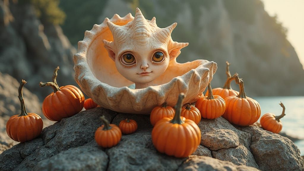 Les coquilles Saint-Jacques vous regarde avec de grand yeux sur les rochers entourés de plusieurs grosses citrouilles #bord de mer #surréaliste
#coquille saint Jacques #rocher
#oeil #citrouilles 