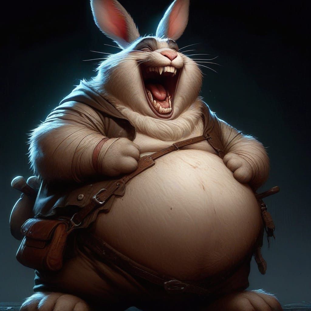 D&D Character Concept Art: excited obese hysterical laughing Rabbit; looking hilarious holding his fuzzy stomach; hunched forward demented a...