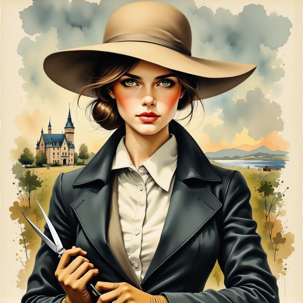 <lora:Charcoal Ink Fx:1.0> Detailed illustration of a person with light skin and green eyes, wearing a large, light-colored hat and a dark,...