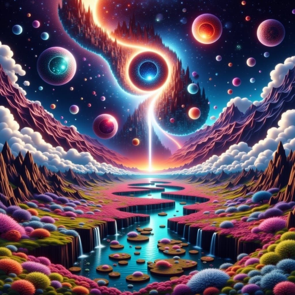 <lora:Yin-Yang scenery:1.0> A surreal landscape where giant, floating islands drift in a vibrant, cosmic sky. Strange, luminescent flora blo...