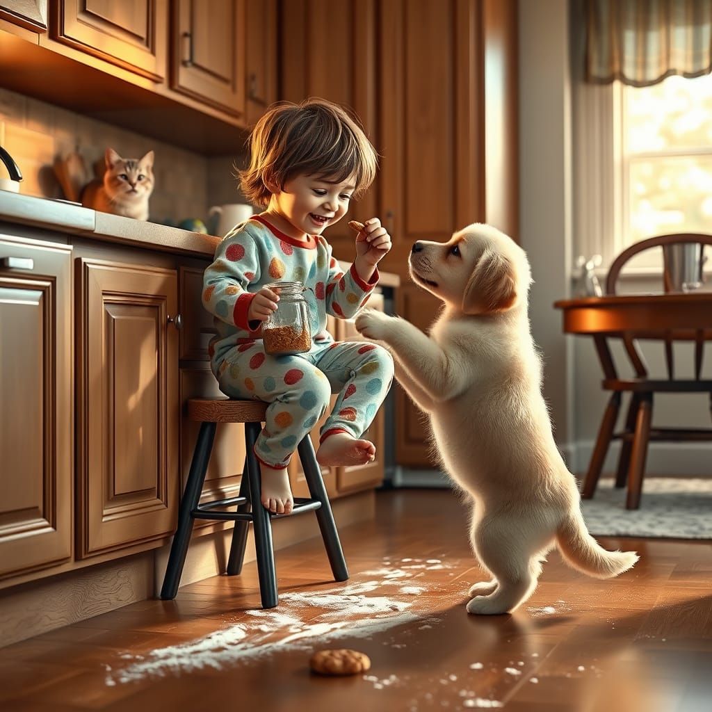 A cozy kitchen scene where a child shares stolen cookies with his best friend.  by @Per Ingvarsson