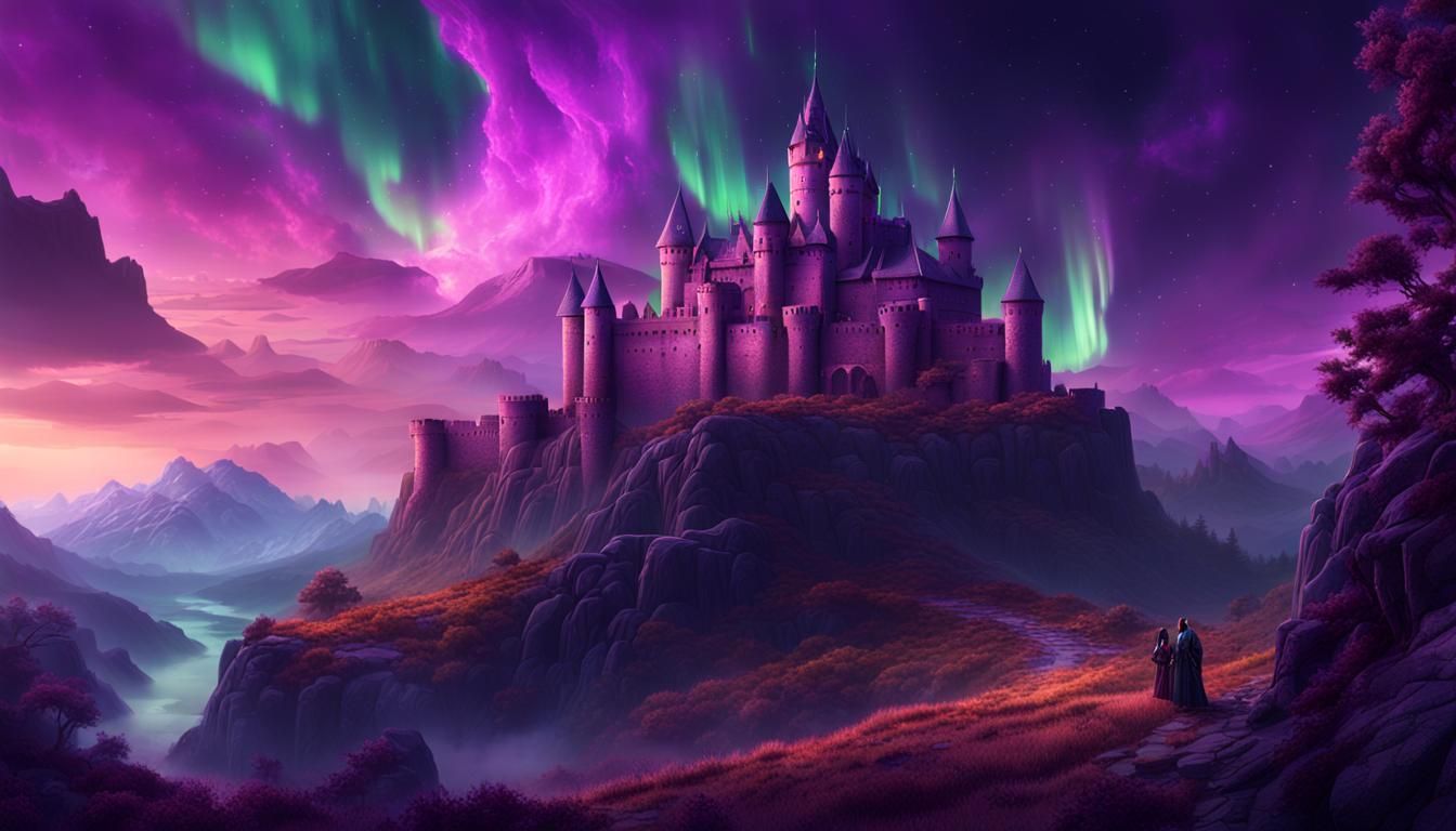 Dragon Castle Under Northern Lights in Fantasy Art