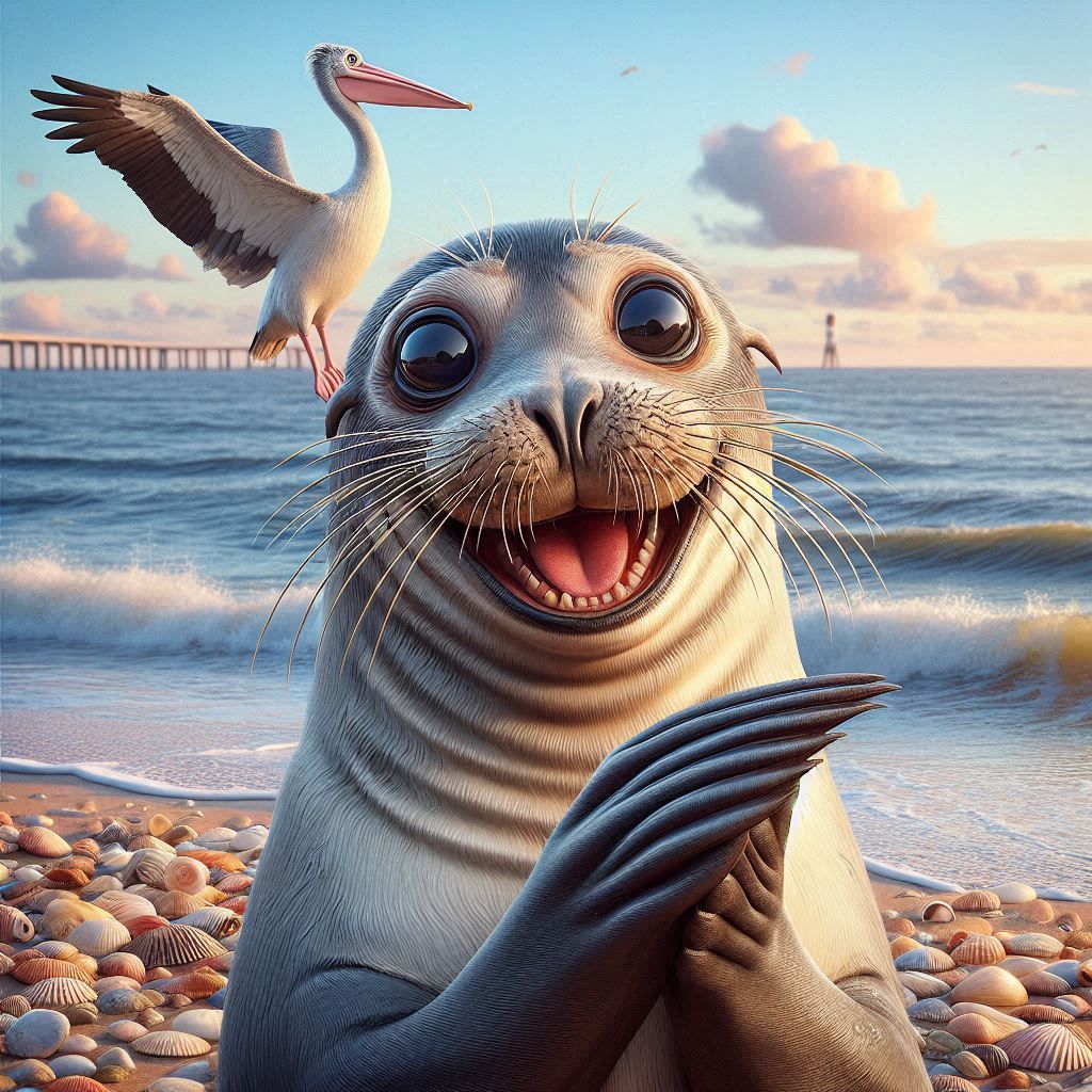 The cutest smiling seal with a friendly seagull in front of ...