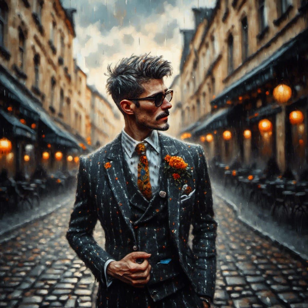 <lora:Grit:1.0> Bright sunny day, happy suited male