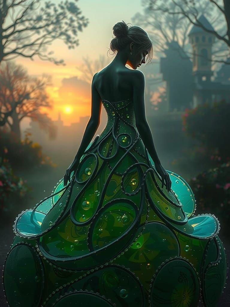A whimsical glass ballgown sculpted from coke bottle green glass, with tiny, sparkling bubbles suspended ...  by @Ishya