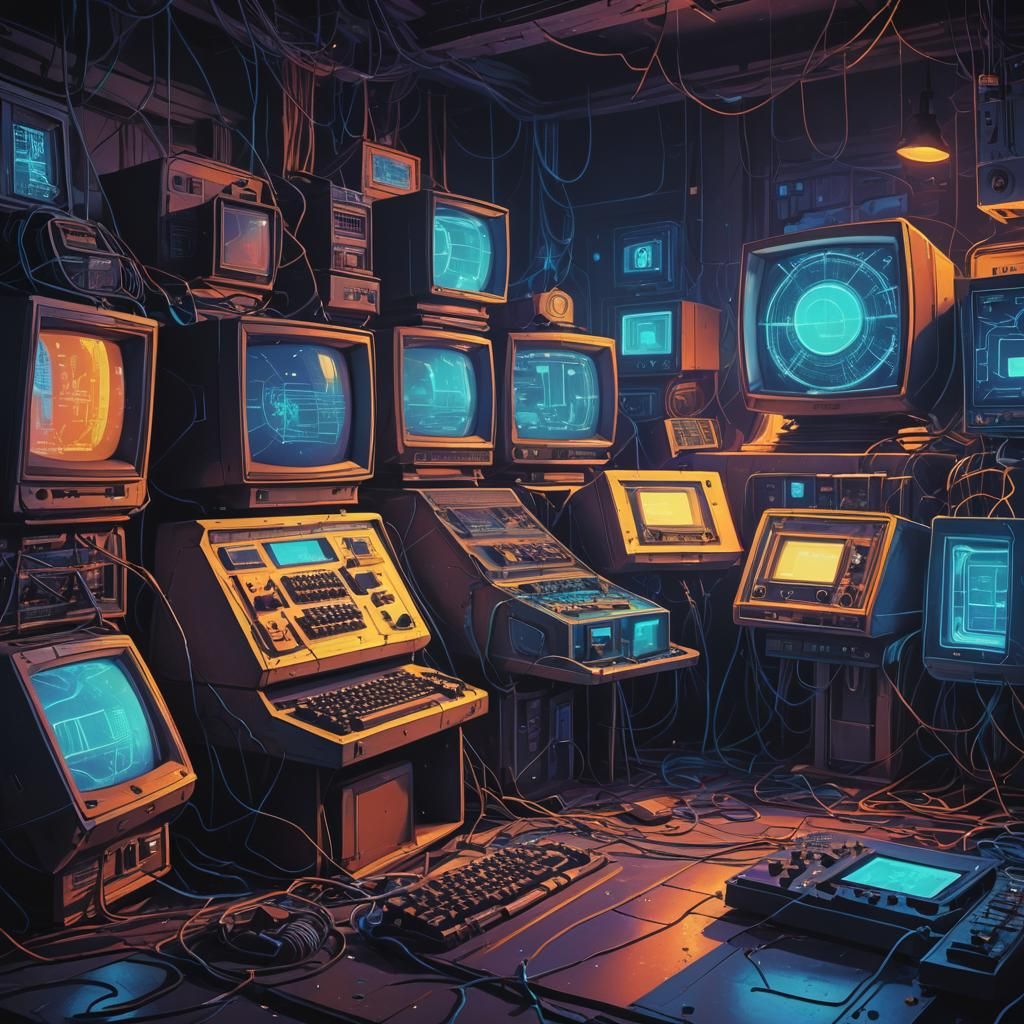 Neon-Lit Retrowave Computer in Abandoned Room