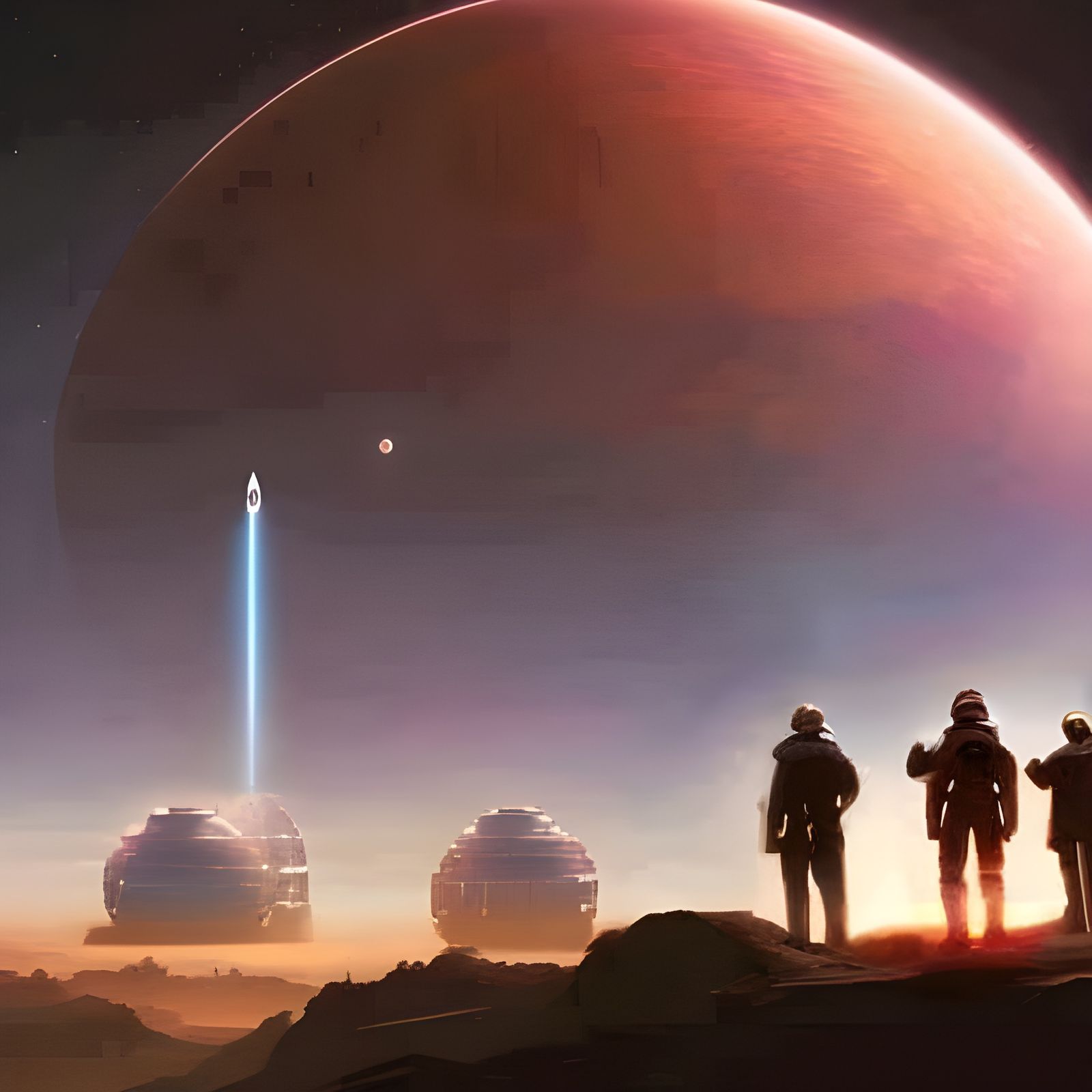 3 Astronauts looking at the space stations and the spacecraft in the distance  by @Hintero