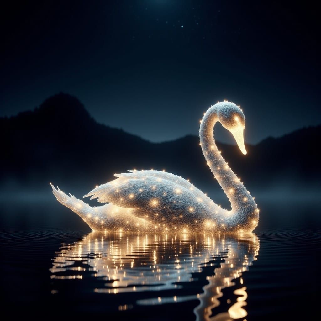 <lora:Fairy Lights:1.0> A graceful swan glides across a serene, dark lake, its body made entirely of glowing, delicate points of light. The...