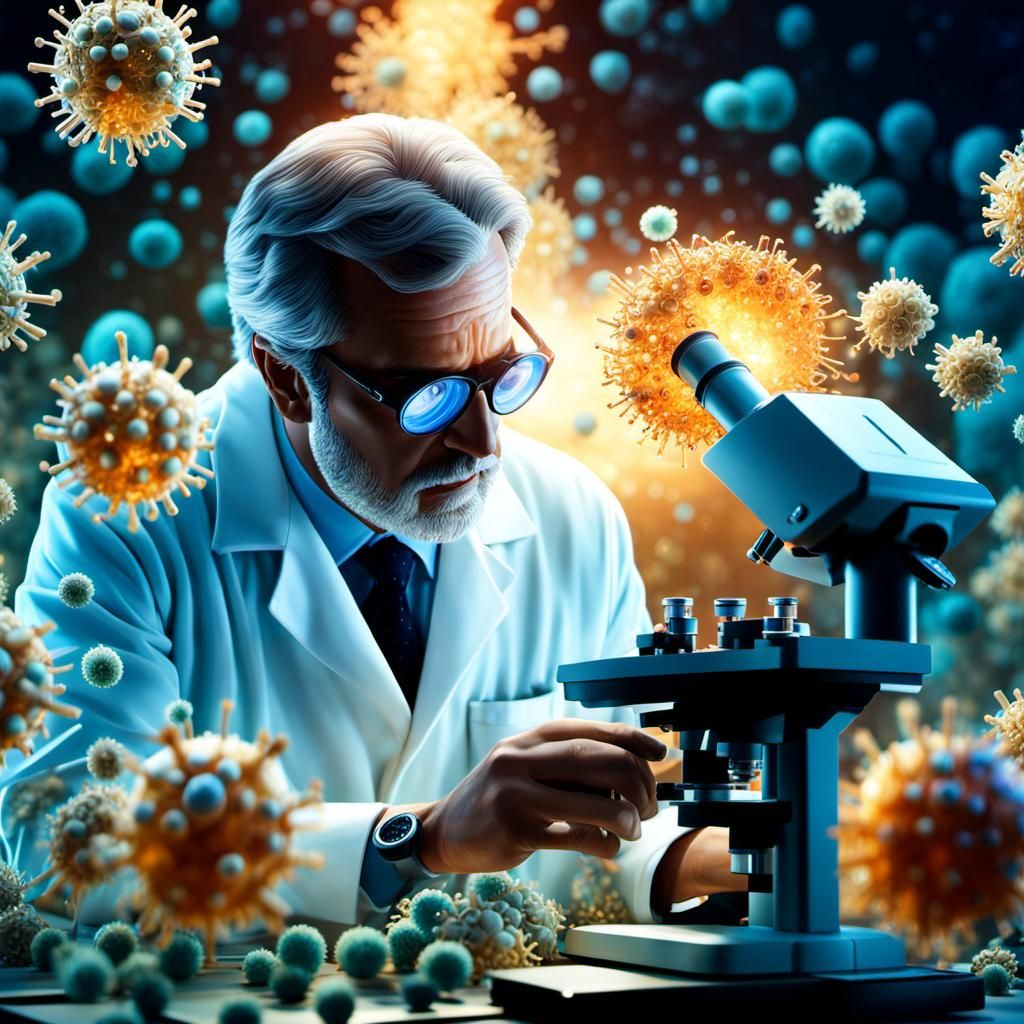 Scientist surrounded by his team studying viruses under a microscope / Extravagant oblique light of a ...  by @curiouscat 