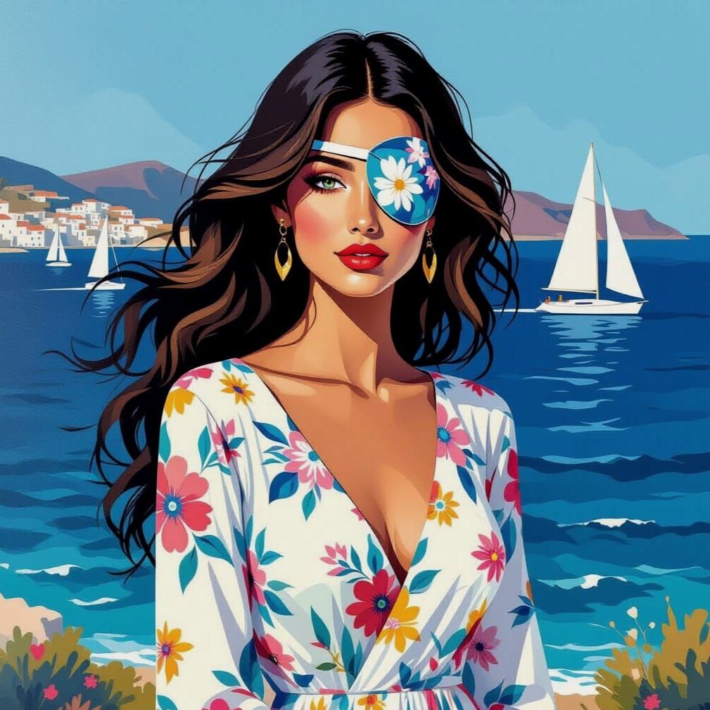 Woman in white flower dress with matching eyepatch posing in front of the open sea with boats sailing by 