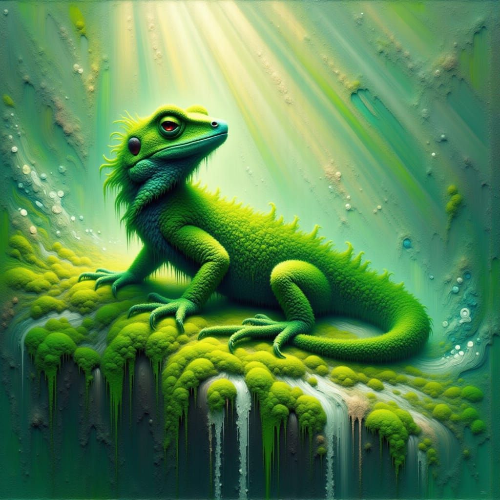 <lora:cryptogam:1.0> mossy lizard on mossy stone. drawing liquid oil paint on water surface. Vivid southern palette of colors. uneven rough ...