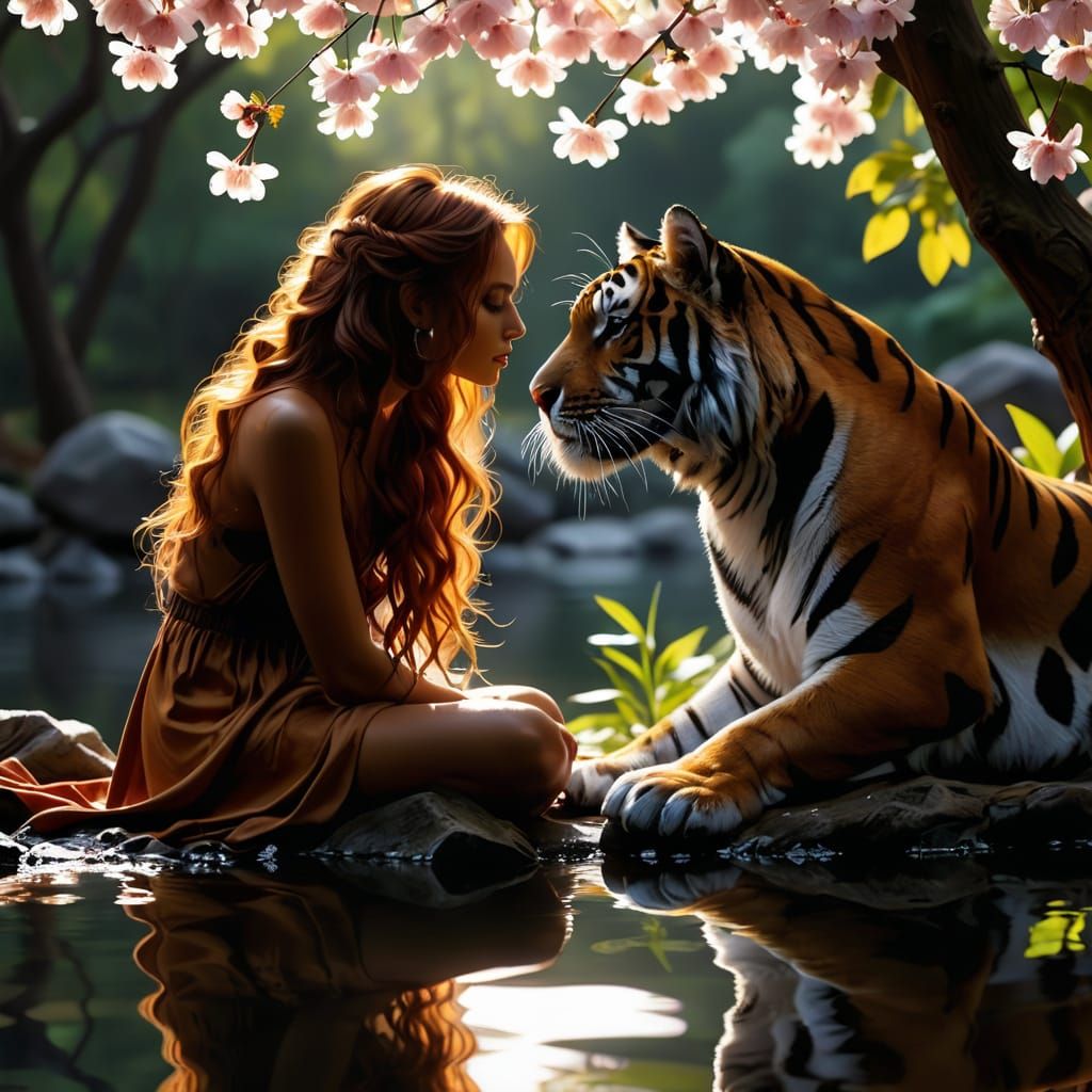 Sitting by a pond a beautiful woman and Bengal Tiger