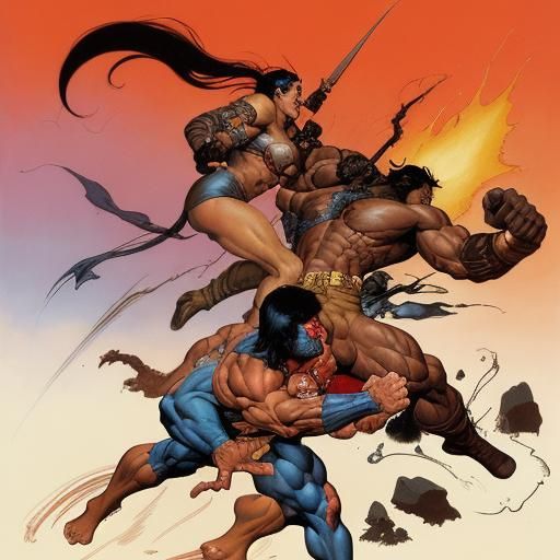 Frank Frazetta's warriors, muscles defined,
Clash in a fury,...