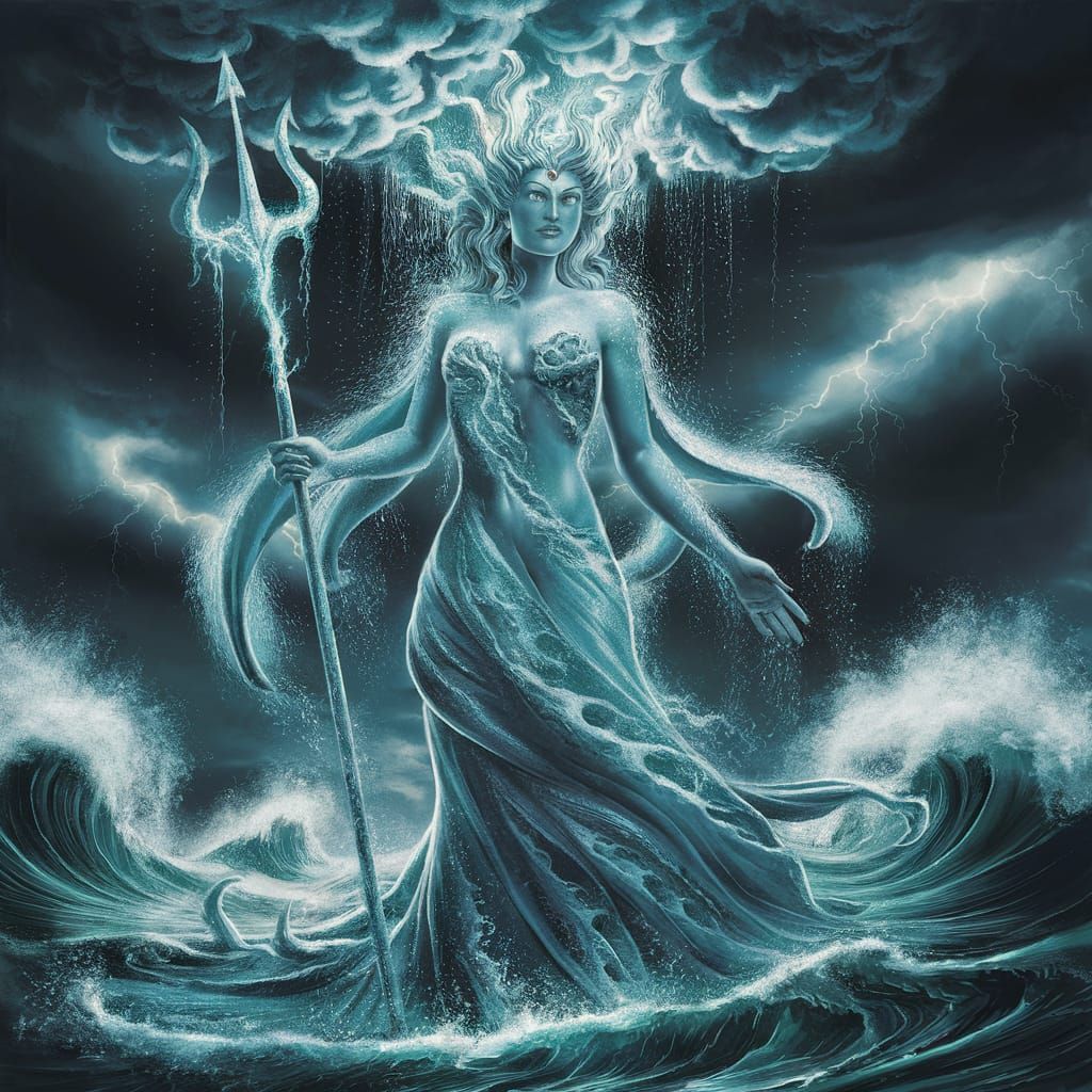 All powerful Tiamat, the glistening one, primordial Goddess of the sea, dressed in the waves of the storm, ...  by @Len H
