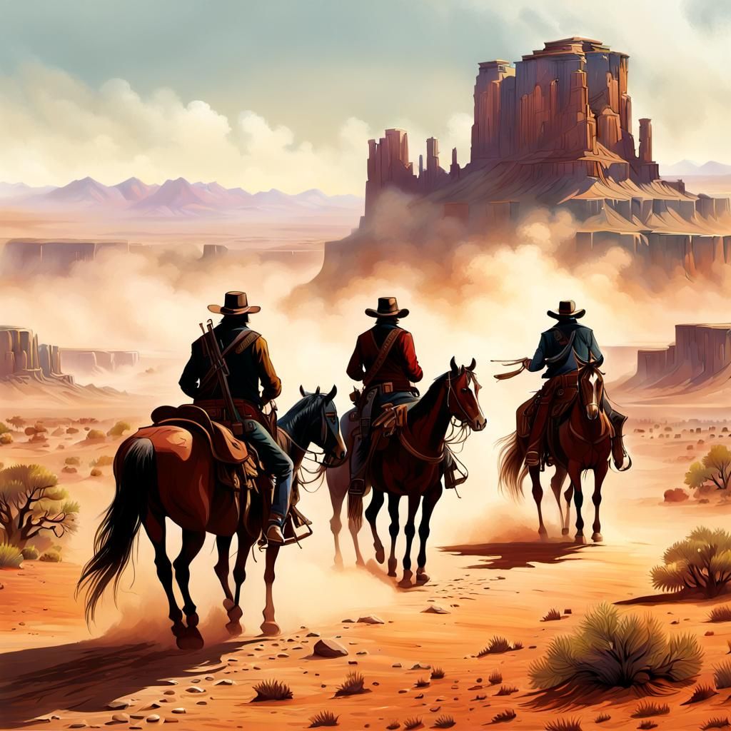 Dramatic illustration rugged outlaws on horseback - AI Generated ...