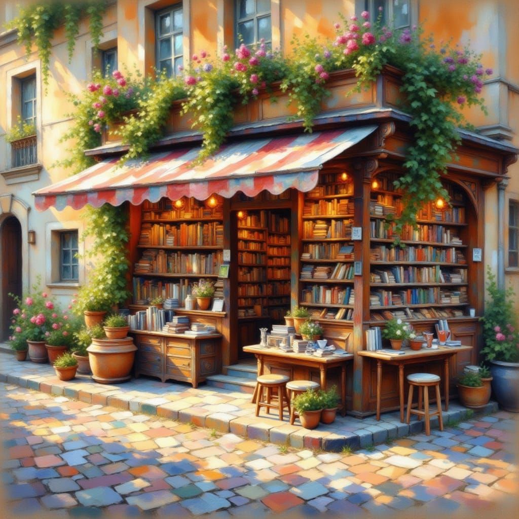 <lora:Ethereal Impressions:1.0> street view of an old antique vintage bookstore on a European street corner in rich colors Quick Brushstrok...