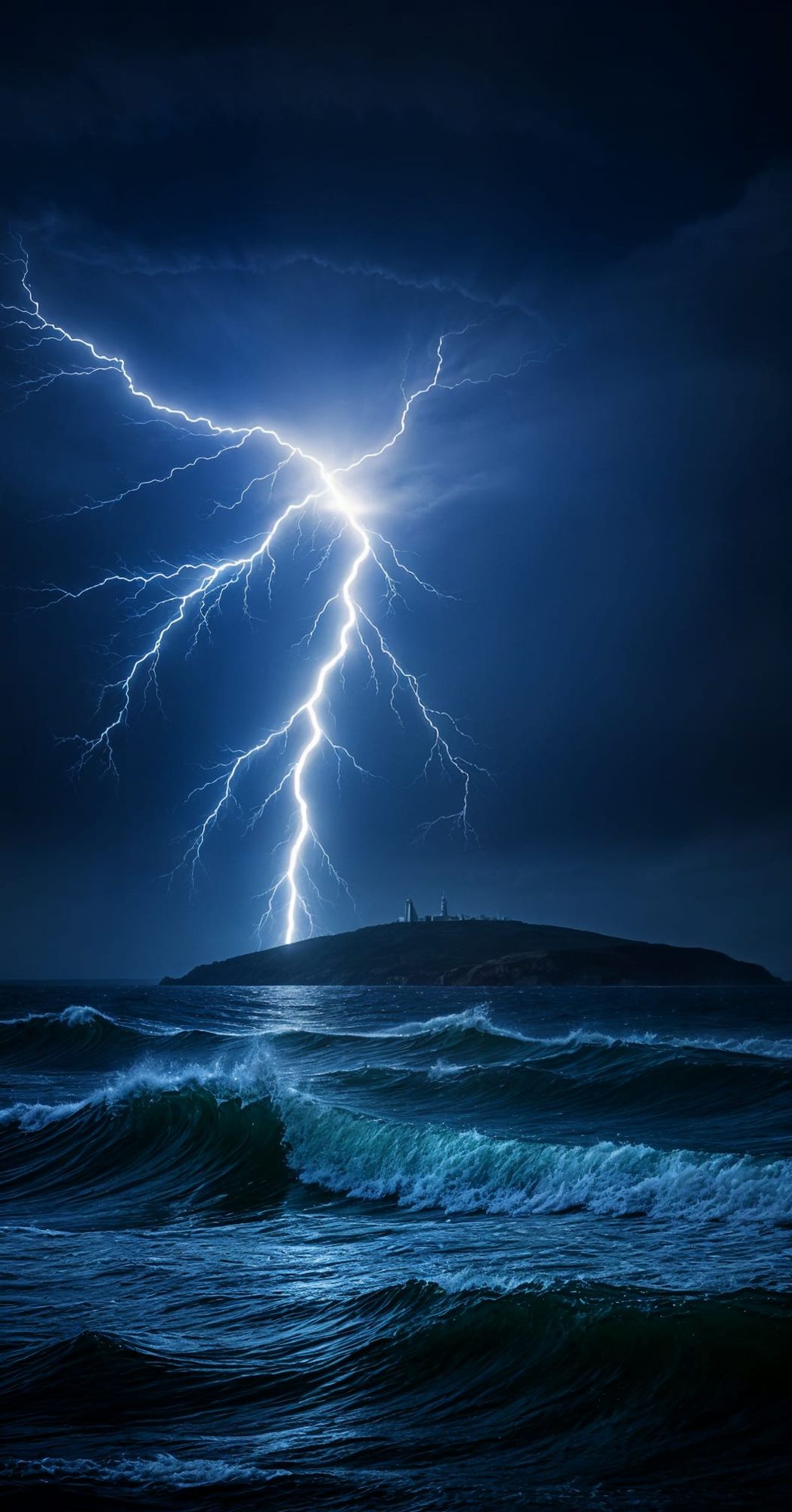 A wickedly beautiful storm set in the middle of the sea. Waves crashing high, sky lit up with many storm related colors. An island faintly i...