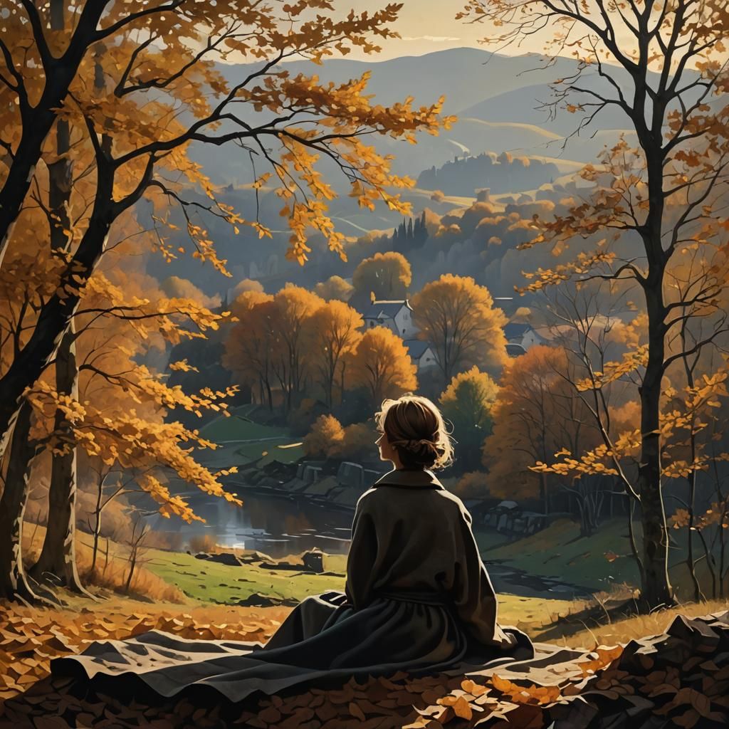 Dans une prairie en automne, il y a une ferme en arrière-plan, une femme assise sur une couverture regarde le paysage avec un clair-obscur s...