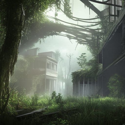 overgrown and destroyed building, nature reclaiming building...