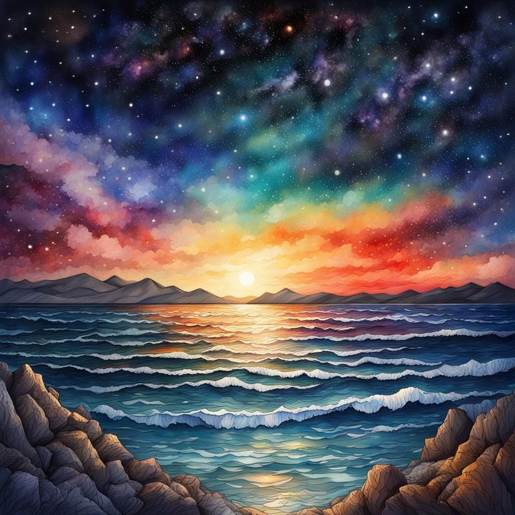 Watercolor Night Sky Over Ocean