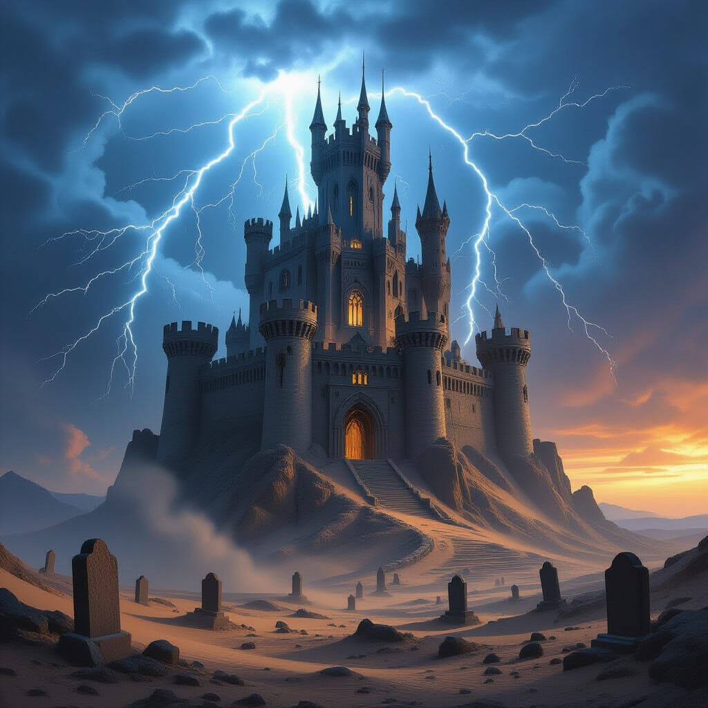 A dark macabre island castle in the sky, bolts of lightning coming from it.
It hovers over a desert full of gravestones, dust and wind