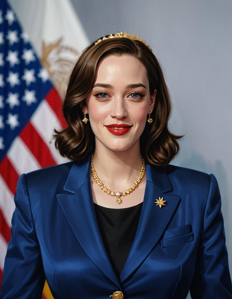 Kat Dennings as a short bob hair Politician