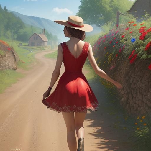 A Lady,  walking away, small village, hat, short red dress, ...