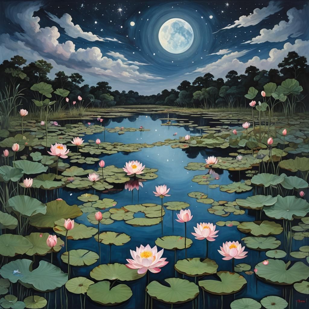 Lotus Pond Under Cosmic Sky Painting