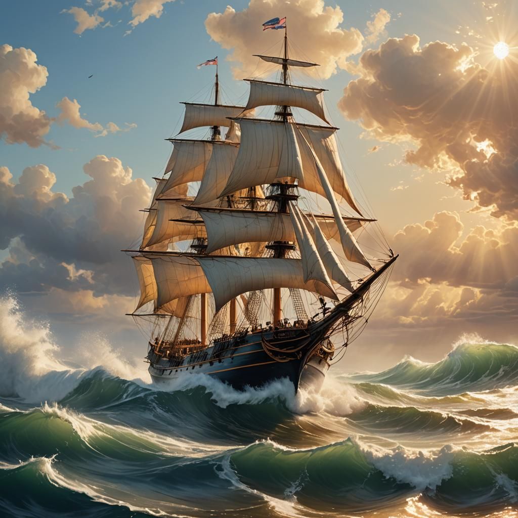 Golden Ship Sails on Wavy Sea: Aivazovsky Style