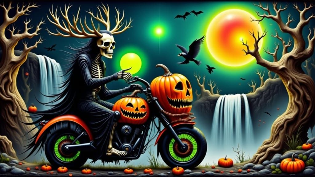 <lora:Wild Hunt:1.0> a skeletal  antlered lord of the hunt with twisted bony frame in black tattered clothes holds a green glowing orb. sitt...