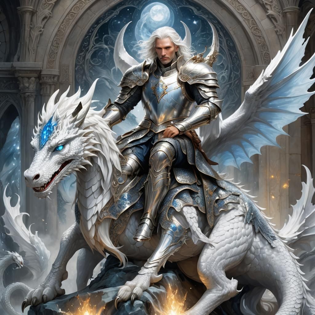 In the center is a knight riding a dragon. Both are gracefully beautiful and shimmering white. The saddle the knight sits on is made of whit...