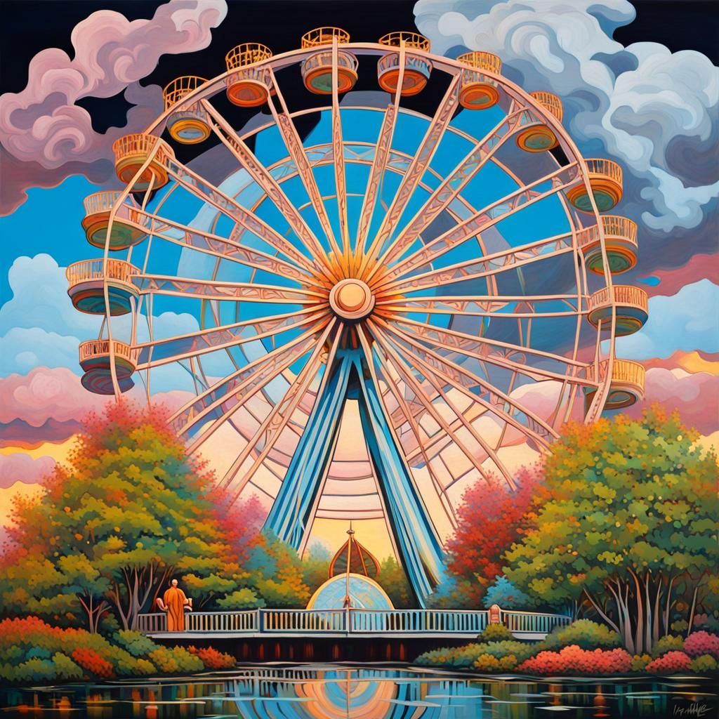 Crystal Park World's fair, ferris wheel, flora surrounds the scene, in ...