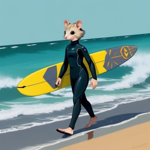 Tiny anthro female surfer rodent mouse, wearing wetsuit, hol...