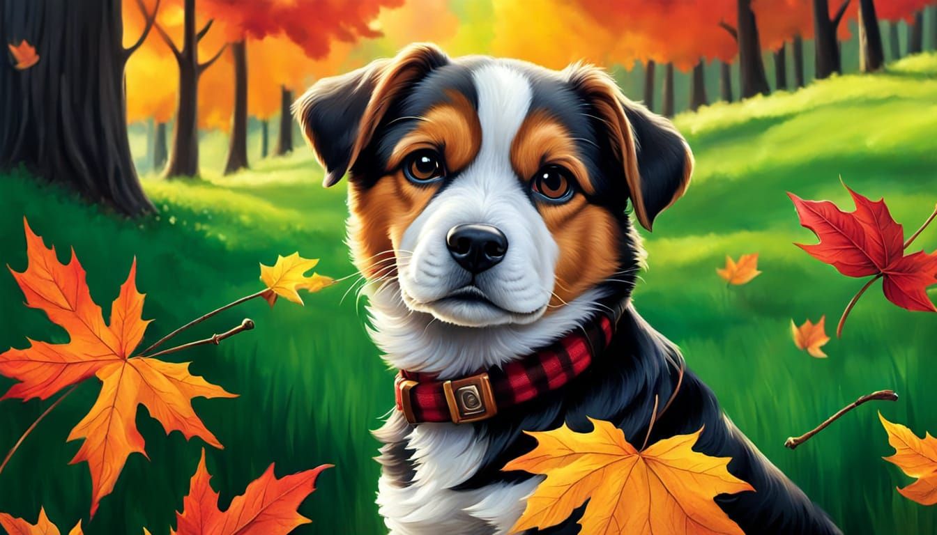 Colorful Landscape with Dog and Autumnal Elements