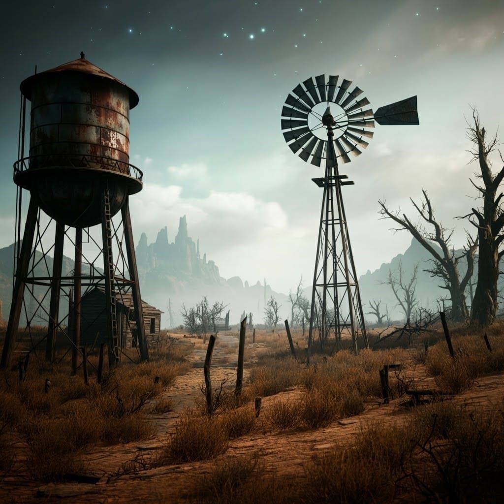 Windmill on a abandon farm at sunset.