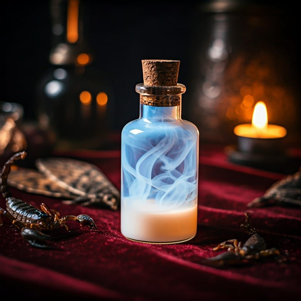 A dark fantasy poison vial resting on a velvet surface in candlelight. The vial is elegant, slender, and made of opalescent glass that softl...